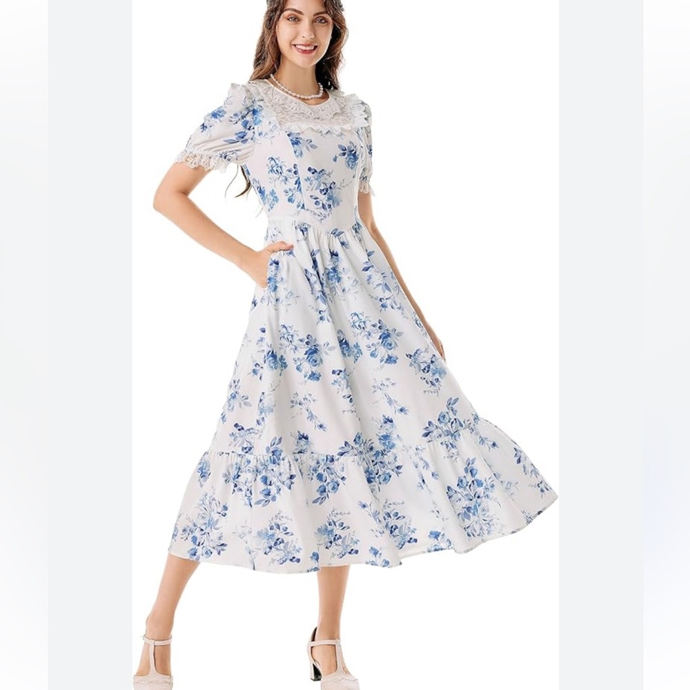 Scarlet Darkness Lace‎ Floral Dress Ruffle A Line Puff Sleeve Boho Dress L blue